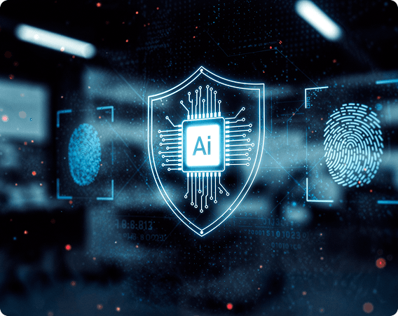 AI Security Shield with digital fingerprints and data
